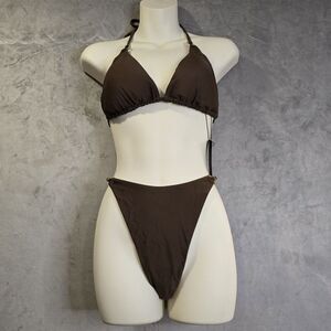 2 Piece Bikini Set Swimsuit‎ Size Large Brown Triangle Spaghetti Strap Cheeky